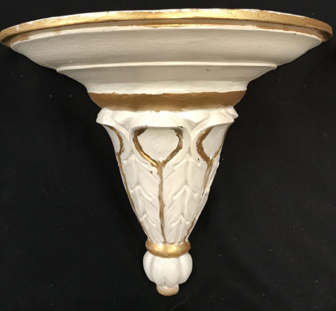 Pair Of Painted Wooden Wall Sconce Shelves Pair Of: Pair Of Painted Wooden Wall Sconce Shelves in white and gold toned paint, Measures approx 13 inches tall x 14 inches wide x 7 inches deep, some chips to paint. Wall Sconces, Wall Shelves, Shabby Chic 