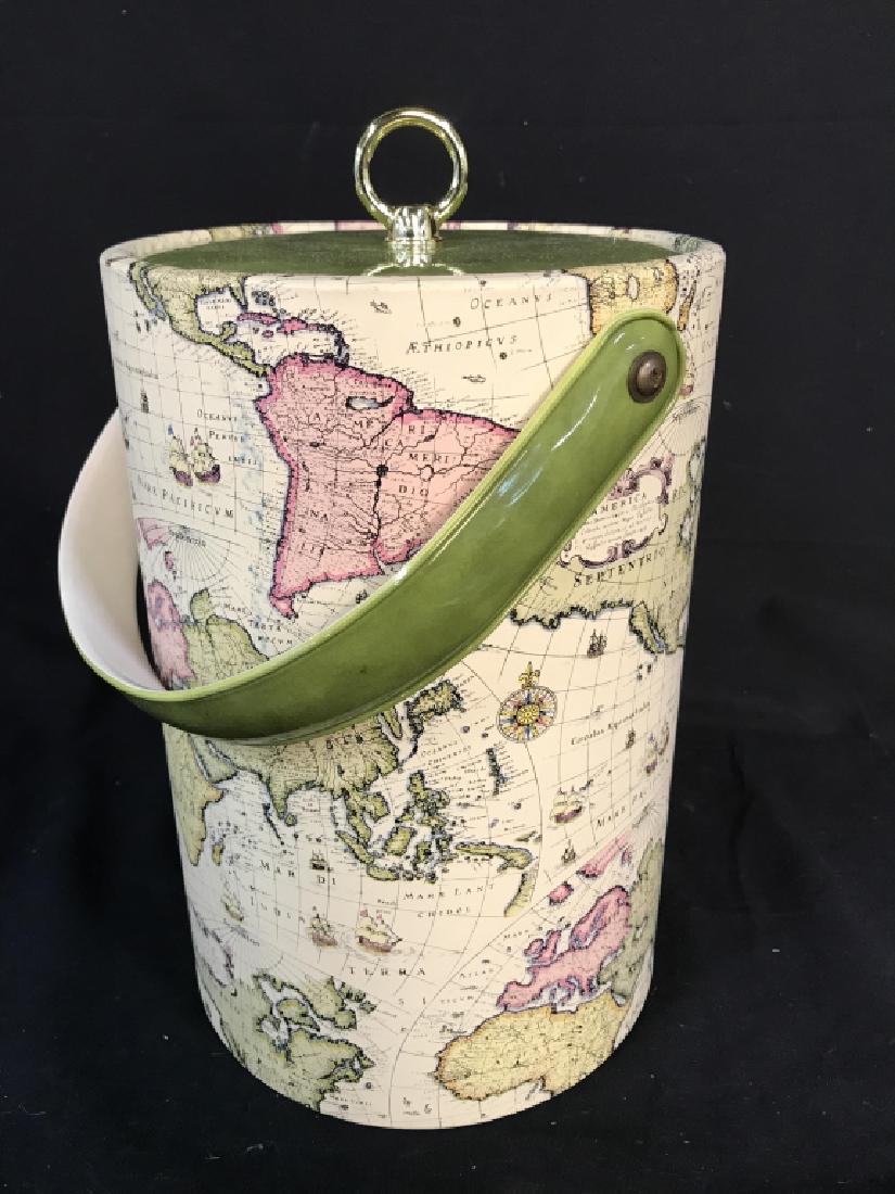 World Map Ice Bucket: World Map Ice Bucket With Green Toned Vinyl Handle And Top, Measures approx 12.5 inches tall x 7.5 inches in diameter, no condition issues noted. ice bucket, wine holder, wine caddy, tableware, picnic