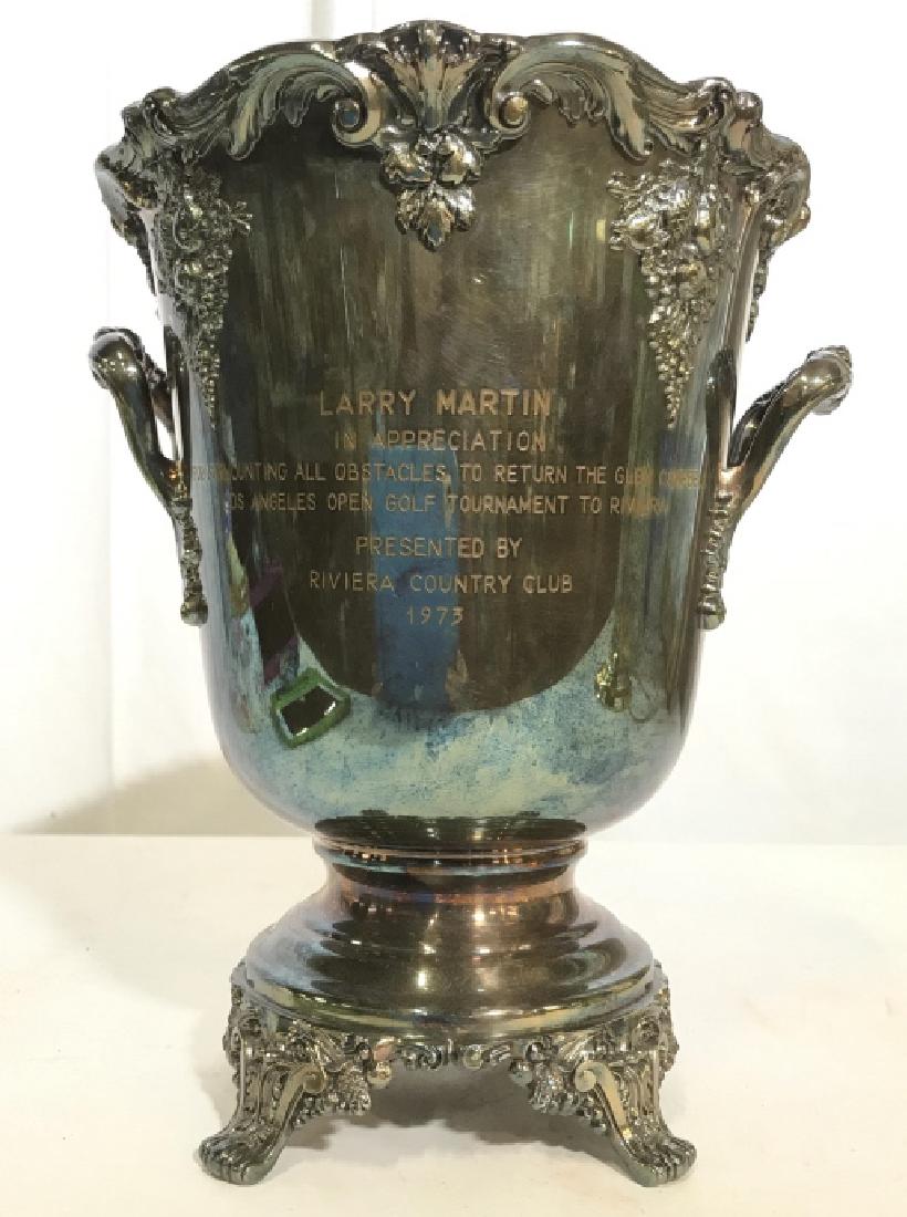 Reed & Barton SP Footed Larry Martin Trophy: Reed & Barton SP Footed Larry Martin Trophy With Fruit, Leaf and Scroll Design, engraved Larry Martin In Appreciation For Surmounting All Obstacles To Return The Glen Campbell Los Angeles Open Golf To