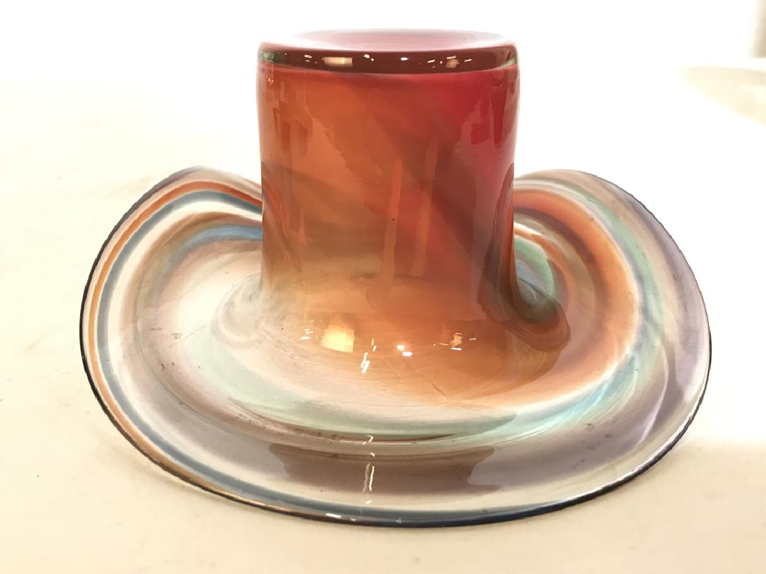 Multi Toned Art Glass Hat: Hat Figural is glass. Contains tones of red, white, blue, orange, lavender, & green. Measures approx 7 inches long 3 inches tall. Murano style art glass, collectible, decorative accessory, upcycled va