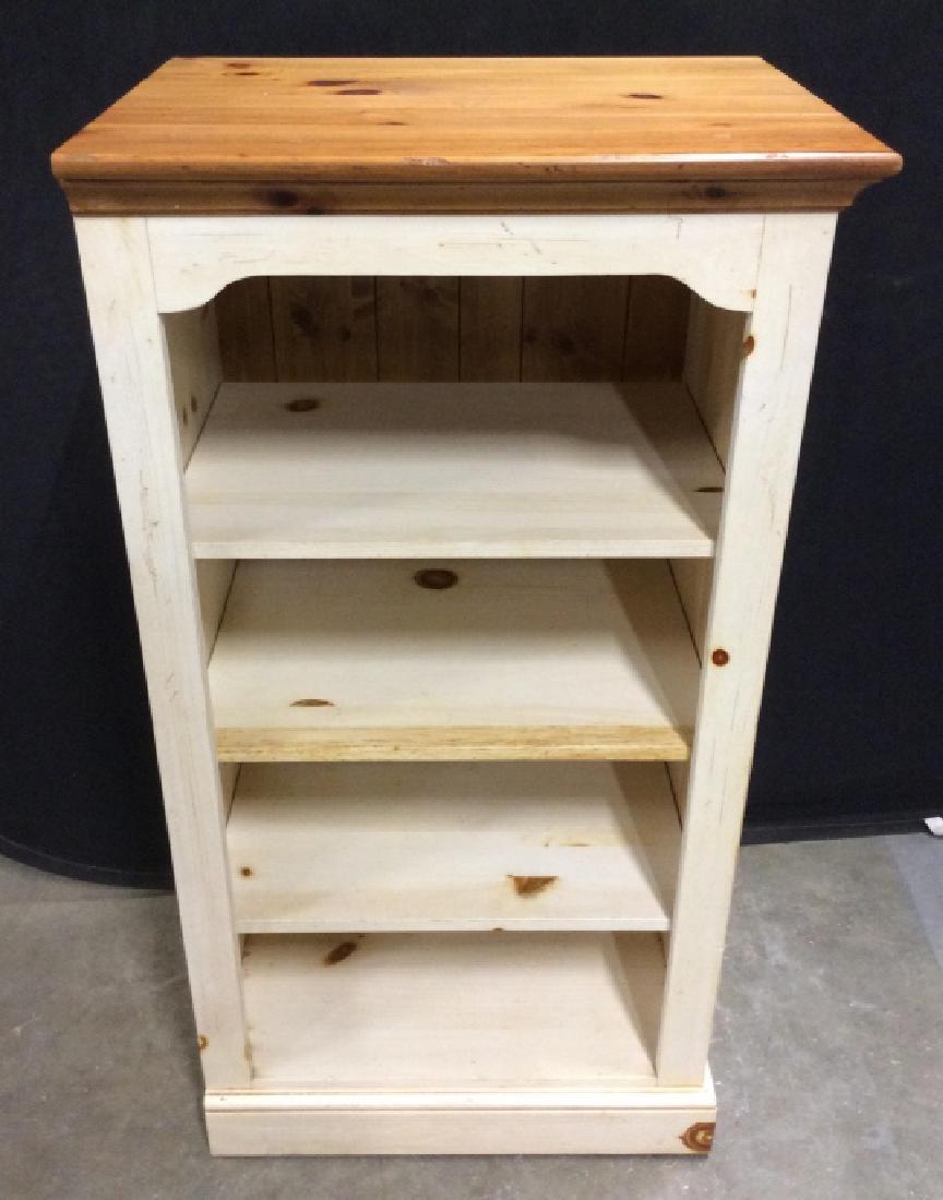 Ethan Allen Deep Set Corner Shelving Unit: Ethan Allen deep Set Shelving unit with three shelves and back paneling. Shelf is constructed of two tone wood. Appears to be Corner Shelving. Reverse side is marked for Ethan Allen. Measures approx 4