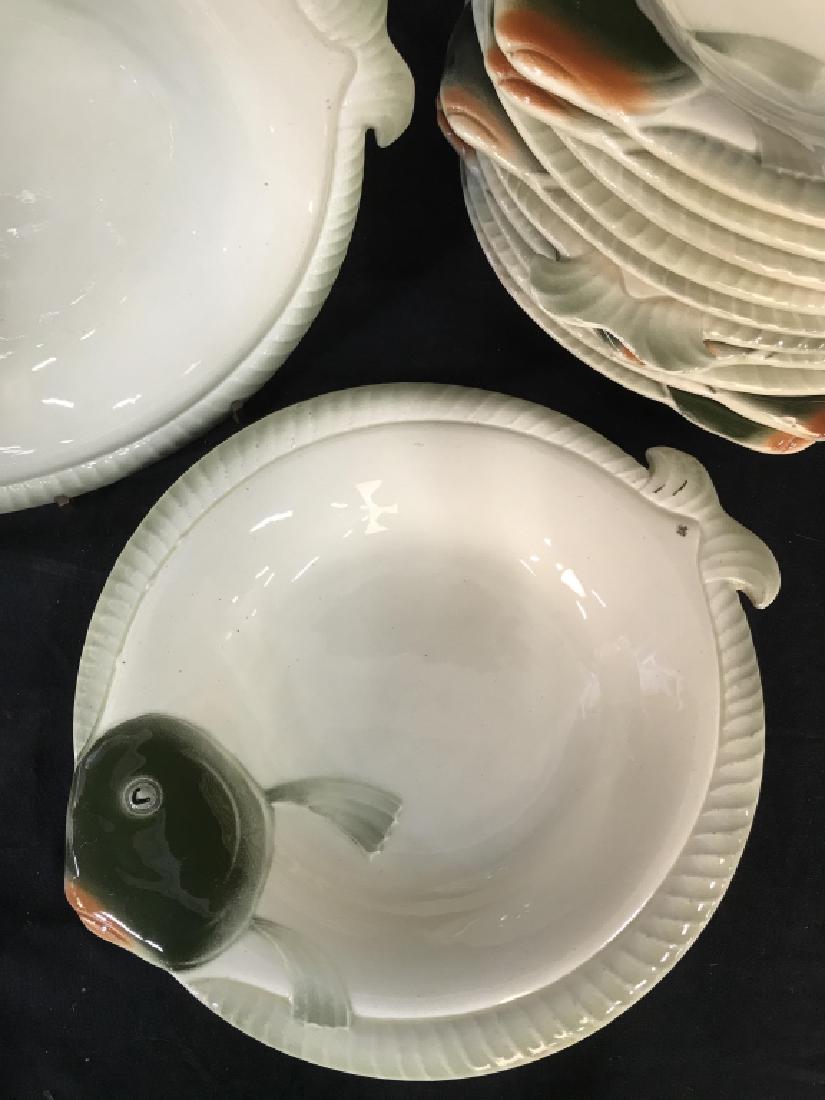 Set 12 Porcelain Fish Bowls: Set 12 Porcelain Fish Plates, Made in Czechoslovakia. Some surface wear and chips, Whimsical dinnerware, dinnerware, tableware, Serving Dishes, Soup Bowls, Dinner Bowls, Measures app 11 in by 9 in. 4