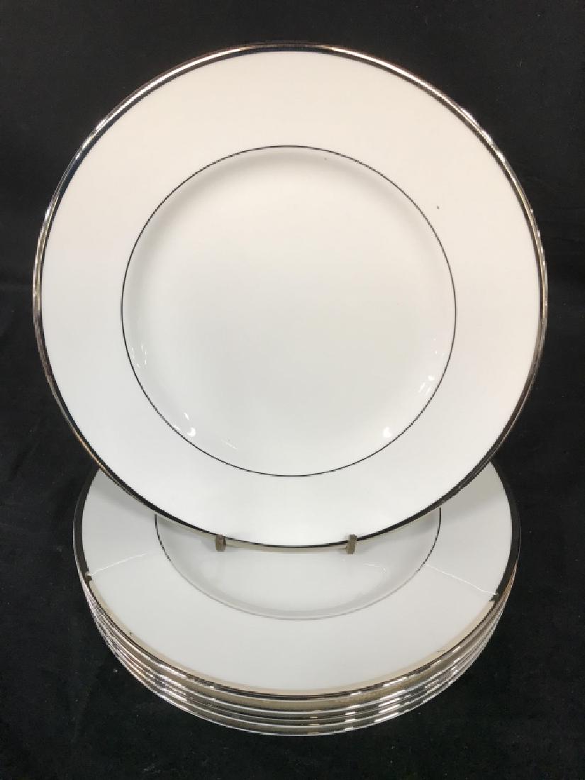 SET 6 WEDGWOOD Bone China Dinner Plates: Pattern Carlyn, White Toned Bone China with silver toned metallic painted trim details, dinnerware, tableware, Serving Dishes, Measures app 11 in in diameter.