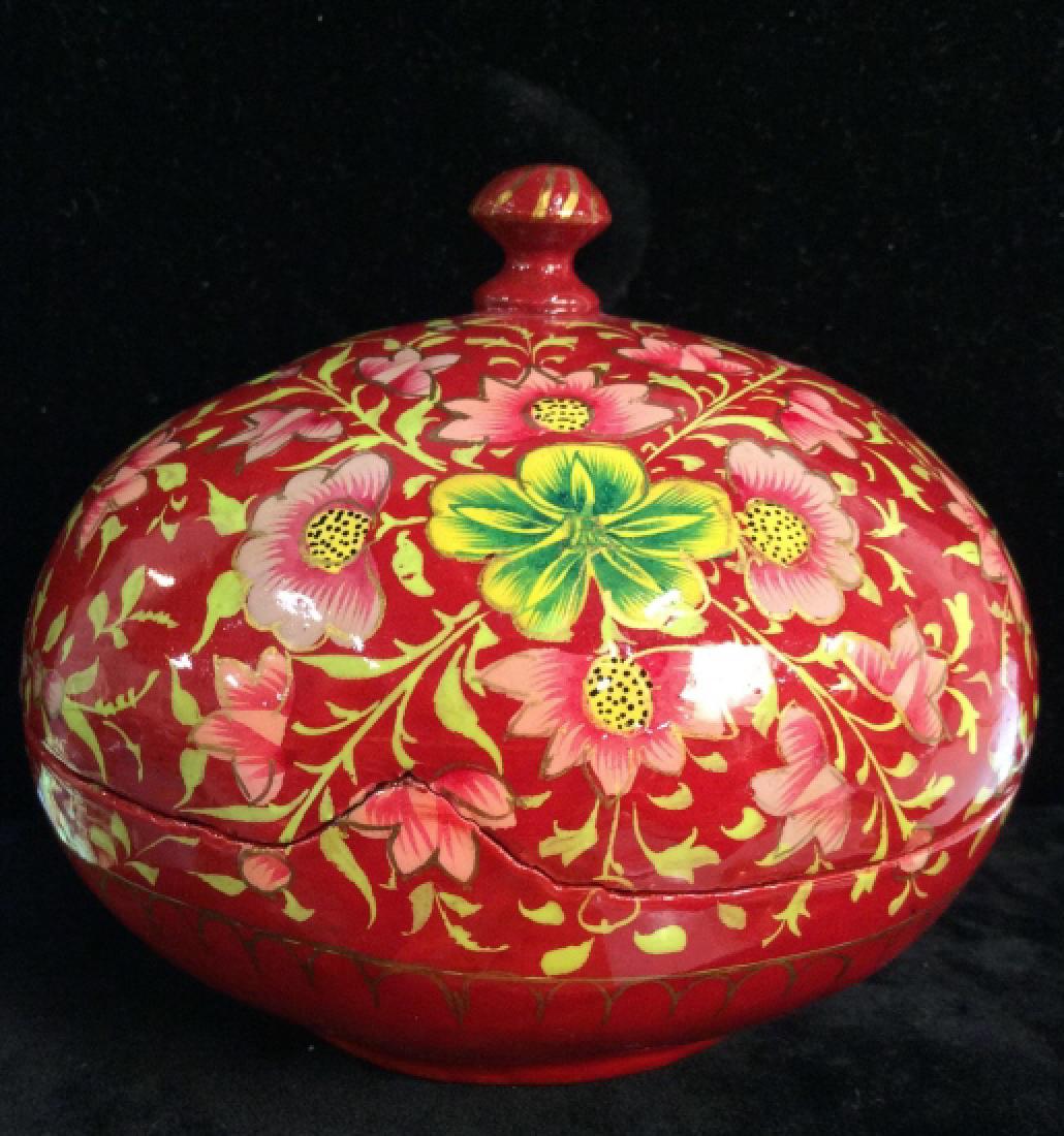 Bright Painted Lacquer Ware Lidded Bowl: Possibly Russian or Asian. Bright red toned ground, floral design of green and pink tones. Lidded Vessel, Sugar Dish, rice bowl, Keepsake Dish, Tableware tabletop accessory, asian arts and crafts, dec