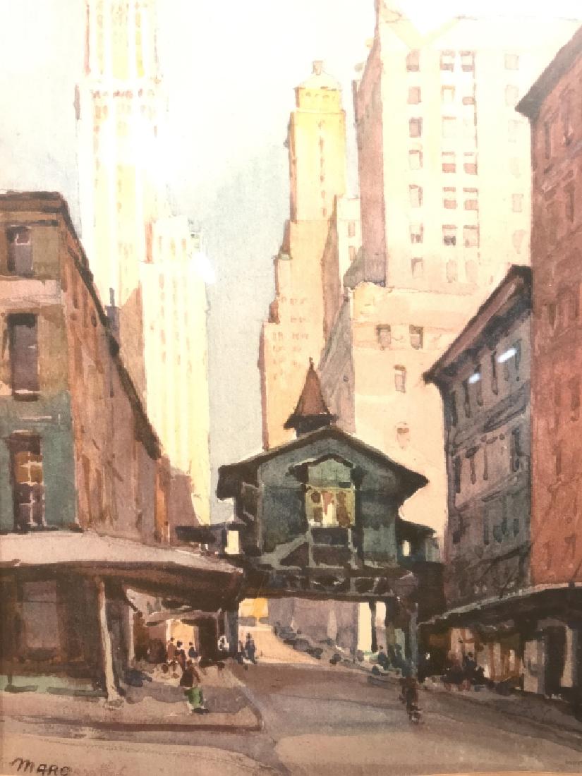 Vintage Framed Artwork Of City Street: Piece is professionally framed and matted with wooden frame. Depicts a Street Scene. Measures approx 20 inches tall 15 inches wide. Wall art, home decor, scenic art, architectural street scene 6.