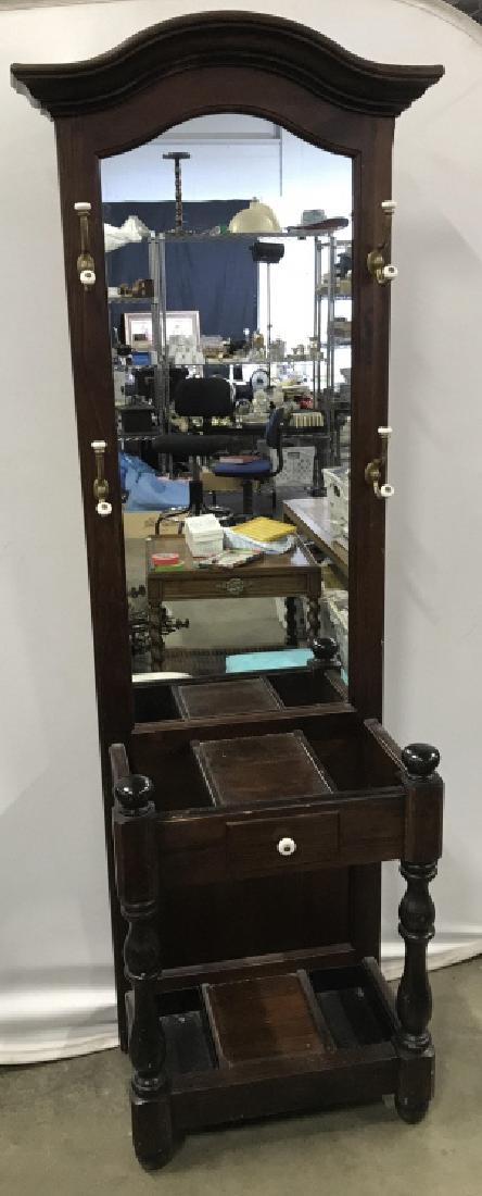 Vintage Umbrella Stand Mirrored Coat Rack: Vintage Umbrella Stand Mirrored Coat Rack with brass toned metal and ceramic coat hooks, measures approximately 79 inches tall x 28 inches wide x 15 inches deep, some scratches and nicks to wood. Hall
