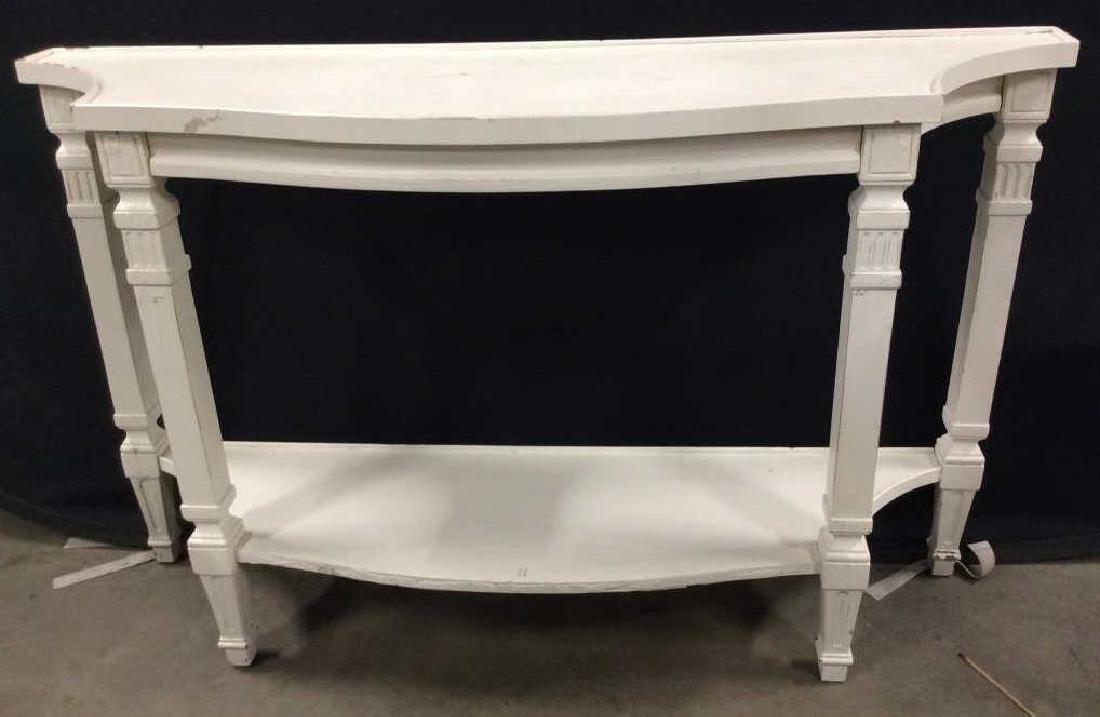 White toned painted console table: White toned painted wood, some wear to paint, console table, all table, sofa table, home furnishings, home accent. Measures approx 29 in by 46 in by 13 in deep. 4