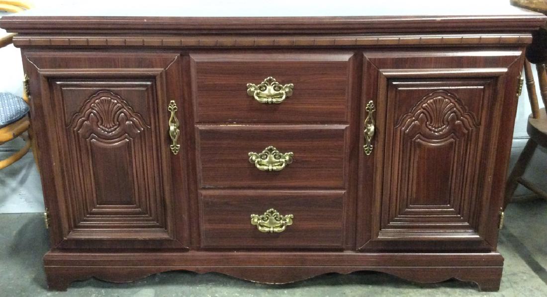 Dark Wood Dresser Credenza: Credenza Cabinet, Dresser, home furnishings, dark toned wood, some surface wear. Two doors open on sides. measures approx 30 in by 50 in by 16 in. R