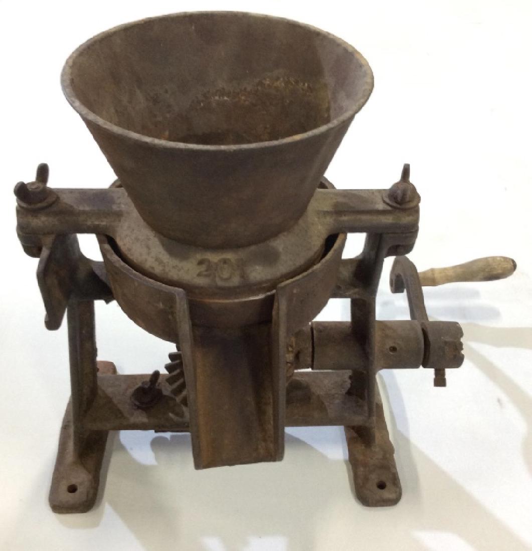 Antique Feed Grinder Mill: Some wear to wood and metal appropriate to antique age. Measures approx 14 in by 18 in by 7 in. Antique collectibles, food processor, kitchen accessory, decor piece. 4