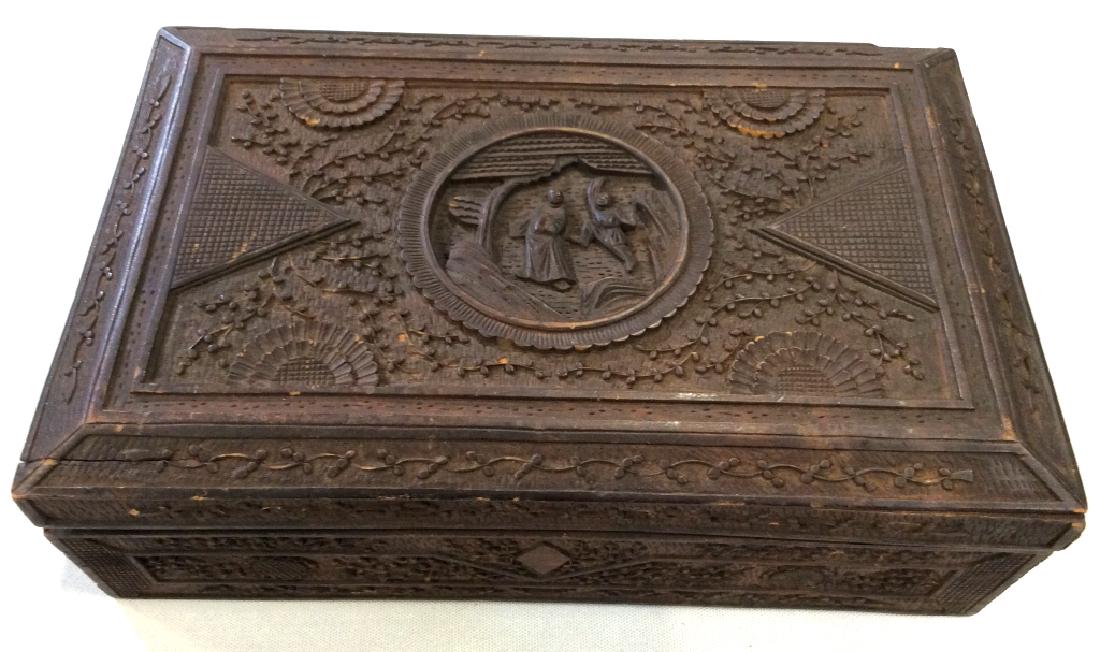 Chinese Antique Carved Wooden Box: Chinese Antique Carved Wooden Box Asian arts and crafts, decorative arts and accessories, orientalia, Keepsake jewelry box, Carved Wood with floral and geometric motifs. Some wear to finish, cracks in