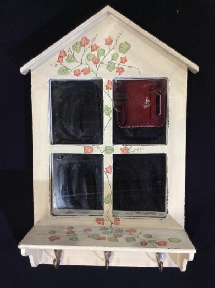 Painted Wood wall Mirror / Shelf: Some surface wear, in shape of window, measures approx 24 in by 16 in. Wall shelf, mirror, coat rack. Farmhouse chic, home accent, home accessory. 4