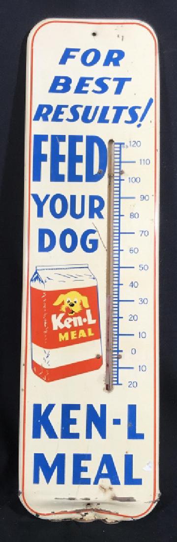 Antique Ken L Meal Thermometer Sign: Antique advertisement, sign, collectible metal sign for dog food brand with thermometer, vintage sign age, advertisement, collectible measures ht 27 inches width app 7.5 inches