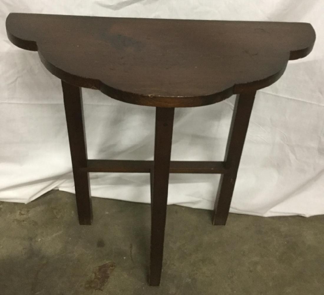 Vintage Wood Semi-Circle Side Table: Dark tone wood, some minor surface wear. Measures approx 23.5 inches in height by 24 inches in width by 11 inches in depth. Vintage furniture, side table, end table, interior home decor. 7