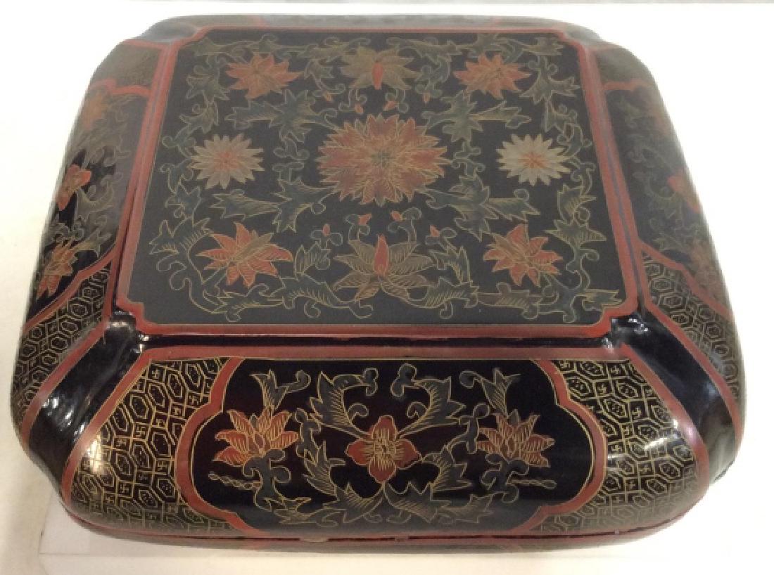 Vintage/Antique Asian Lacquer Jewelry Box: Black toned lacquered wood with red and gold toned floral and geometric design, some surface wear including chips to wood. Measures approx 4 in by 7 in by 7 in. Keepsake box, Trinket Dish, Jewelry Box