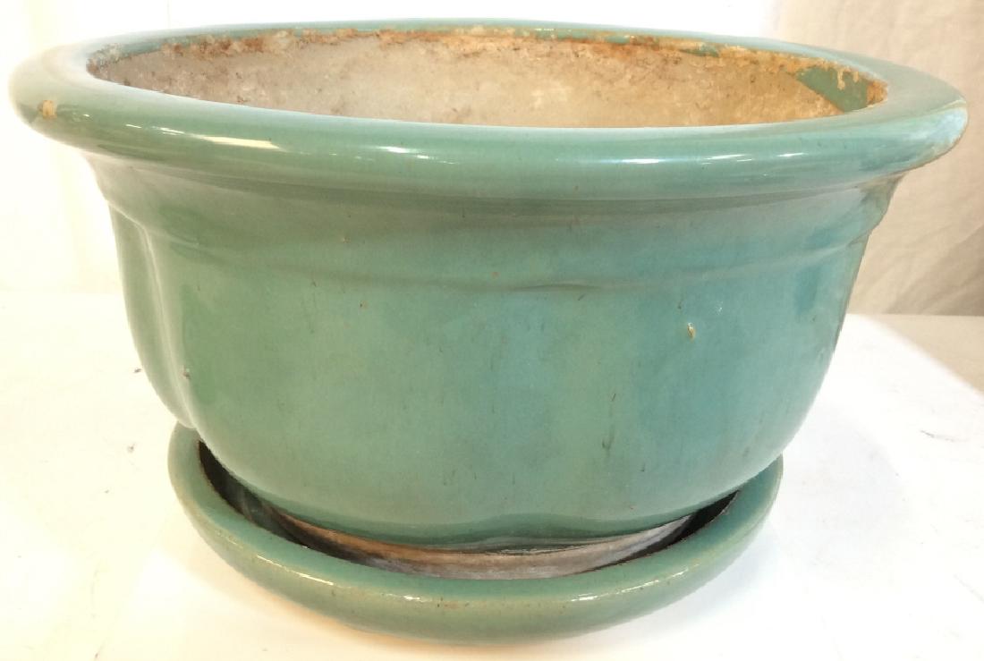 Turquoise Toned Glazed Stoneware Ceramic Planter: Turquoise Toned Glazed Stoneware Ceramic Planter W under dish, bright turquoise toned glaze, ceramic earthenware planter and dish, indoor outdoor, garden accessory, some surface wear and imperfections