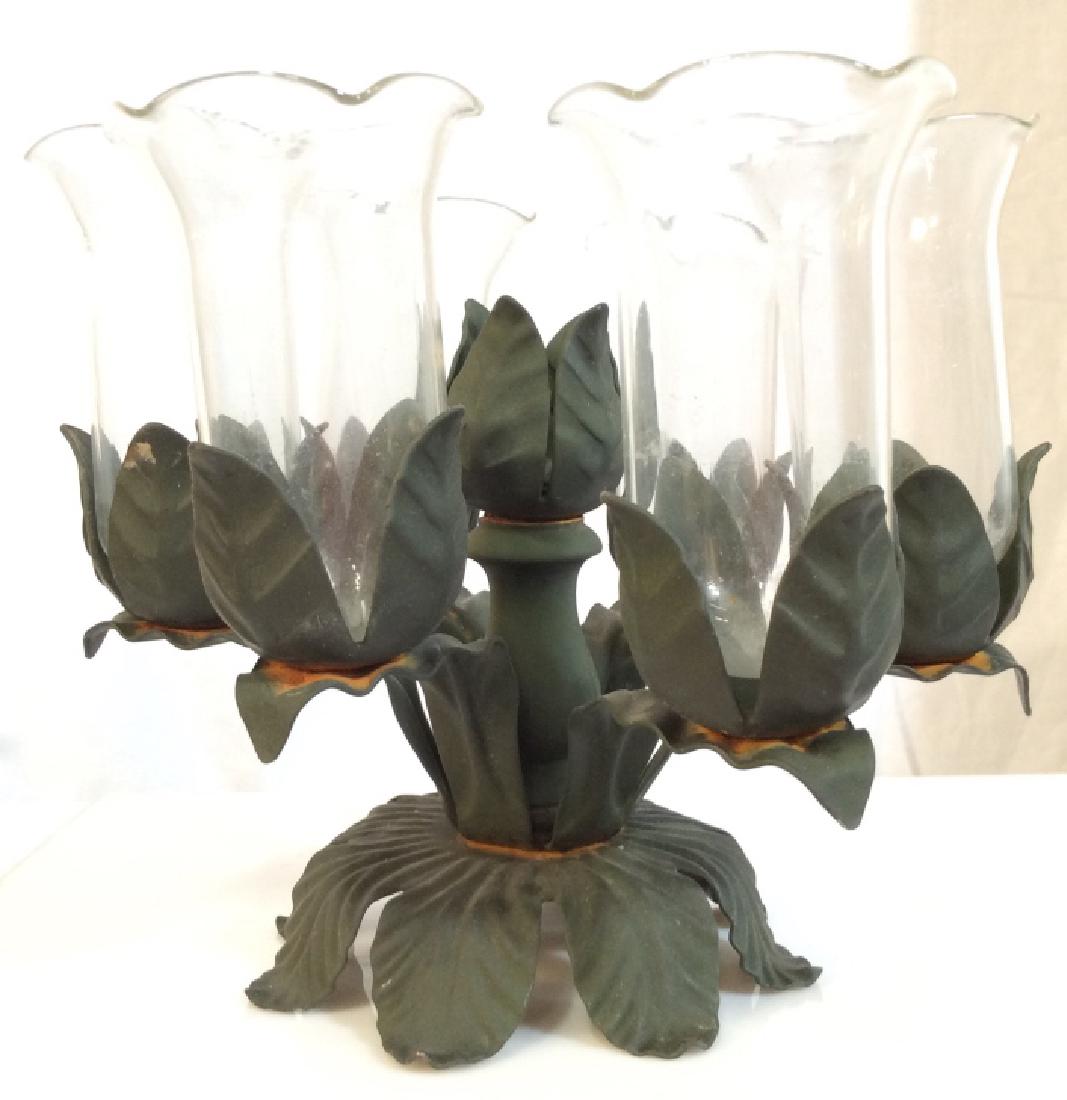 6 arm Floral Candleholder: Green toned metal in form of curled leaves, with glass hurricanes, 6 arm Candleholder candelabra, centerpiece, home accent, tabletop decor. Some discoloring to metal as observed. Measures approx 5 1/2