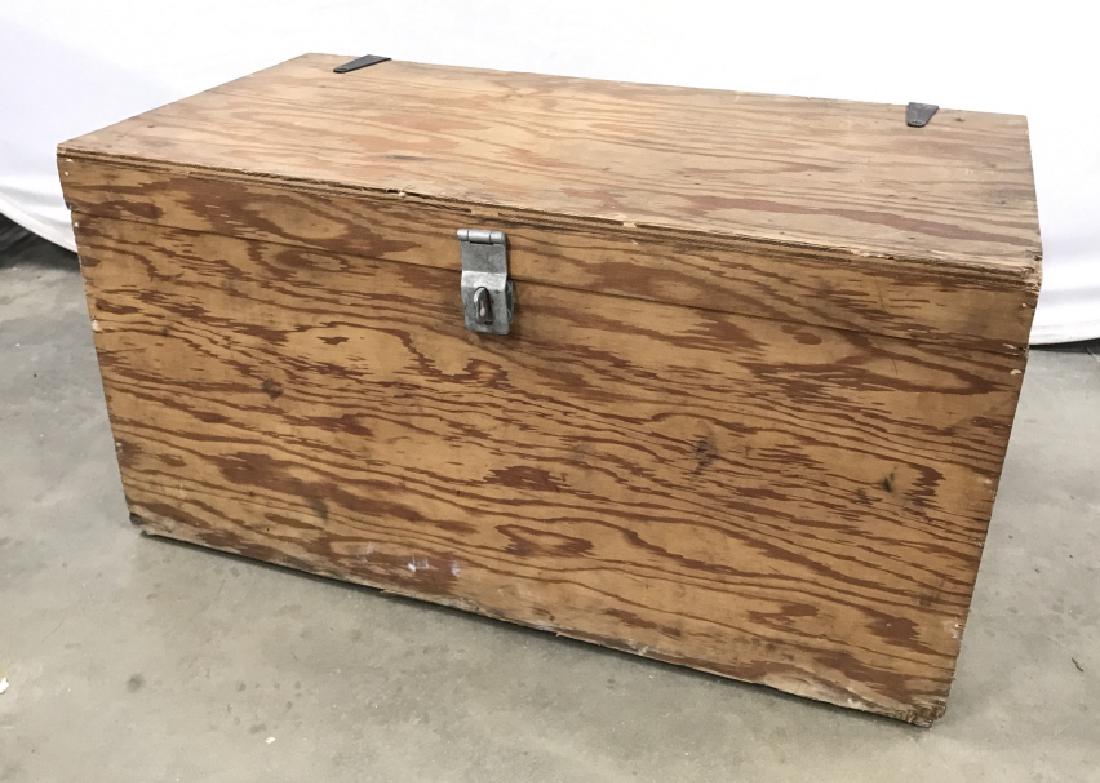 Vintage Wooden Trunk With Metal Side Handles Vintage: Vintage Wooden Trunk With Metal Side Handles And hinges, measures approximately 33 inches long x 17 inches deep x 16.5 inches tall, chips and marks due to age and use. Vintage Trunk, Coffee Table, Cou