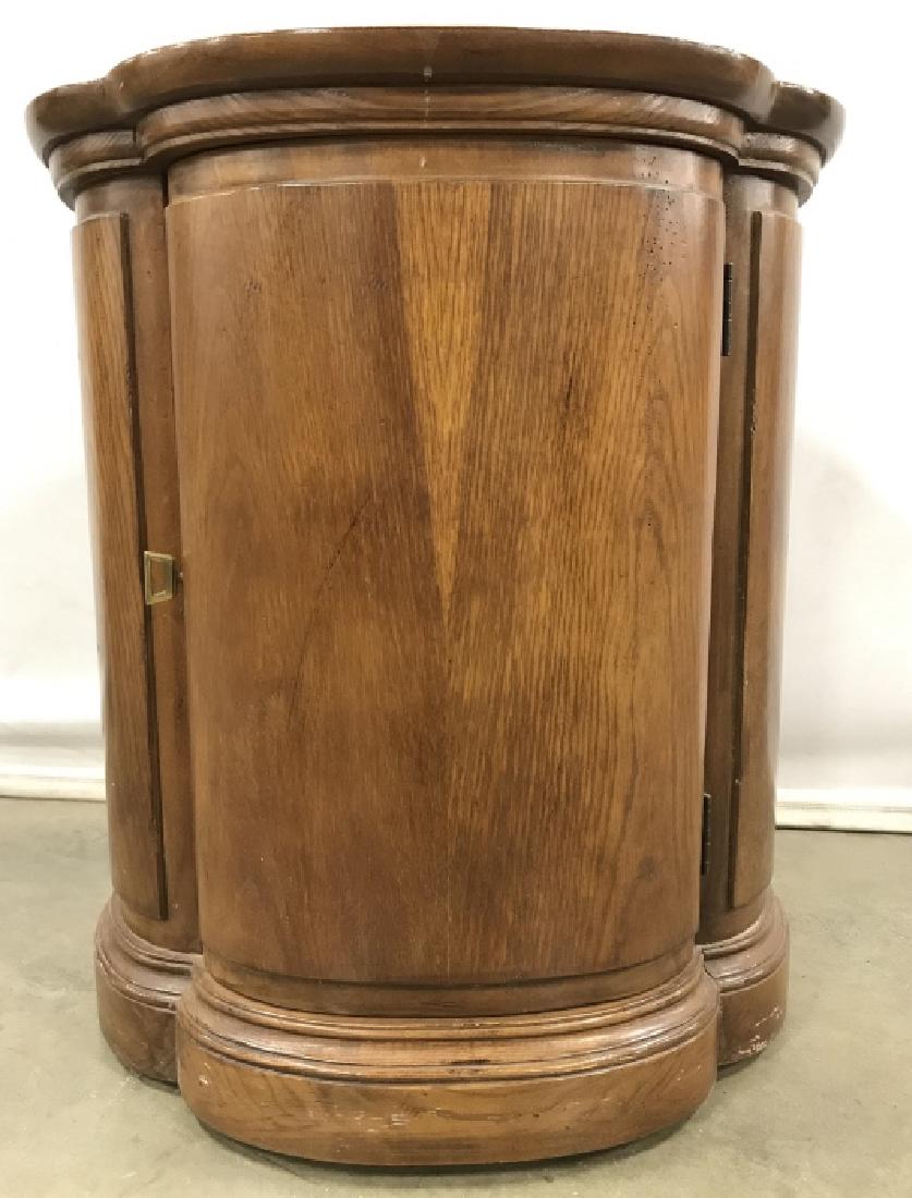 Vintage Henredon Style Clover Drum Table Vintage: Vintage Henredon Style Clover Drum Table with side door that opens to additional storage, some surface scratches and nicks due to age and use, measures approximately 20.5 inches in diameter x 23.5 inc