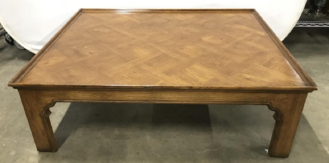 Vintage Henredon Wooden Parquetry Coffee Table Vintage: Vintage Henredon Wooden Parquetry Topped Coffee Table, marked on underside with Henredon label, measures approximately 50 inches long x 40 inches wide x 17 inches tall, some surface wear due to age an