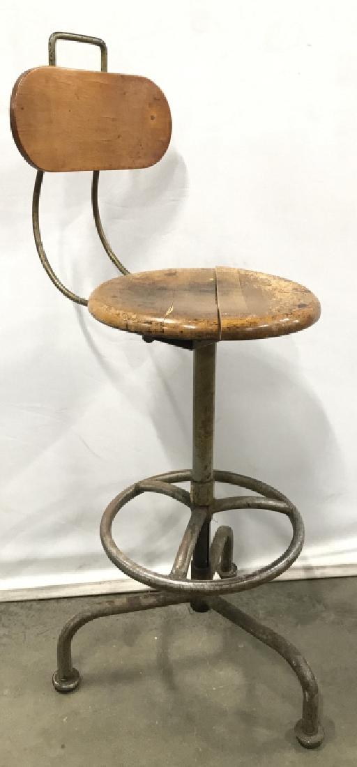 Vintage Wood And Metal Stool: Vintage Wood And Metal Stool, measures approximately 43 inches tall x 23 inches deep x 15 inches wide, cracks to wooden seat and back, wear and rust to metal base. Vintage Stool, Industrial Furniture,