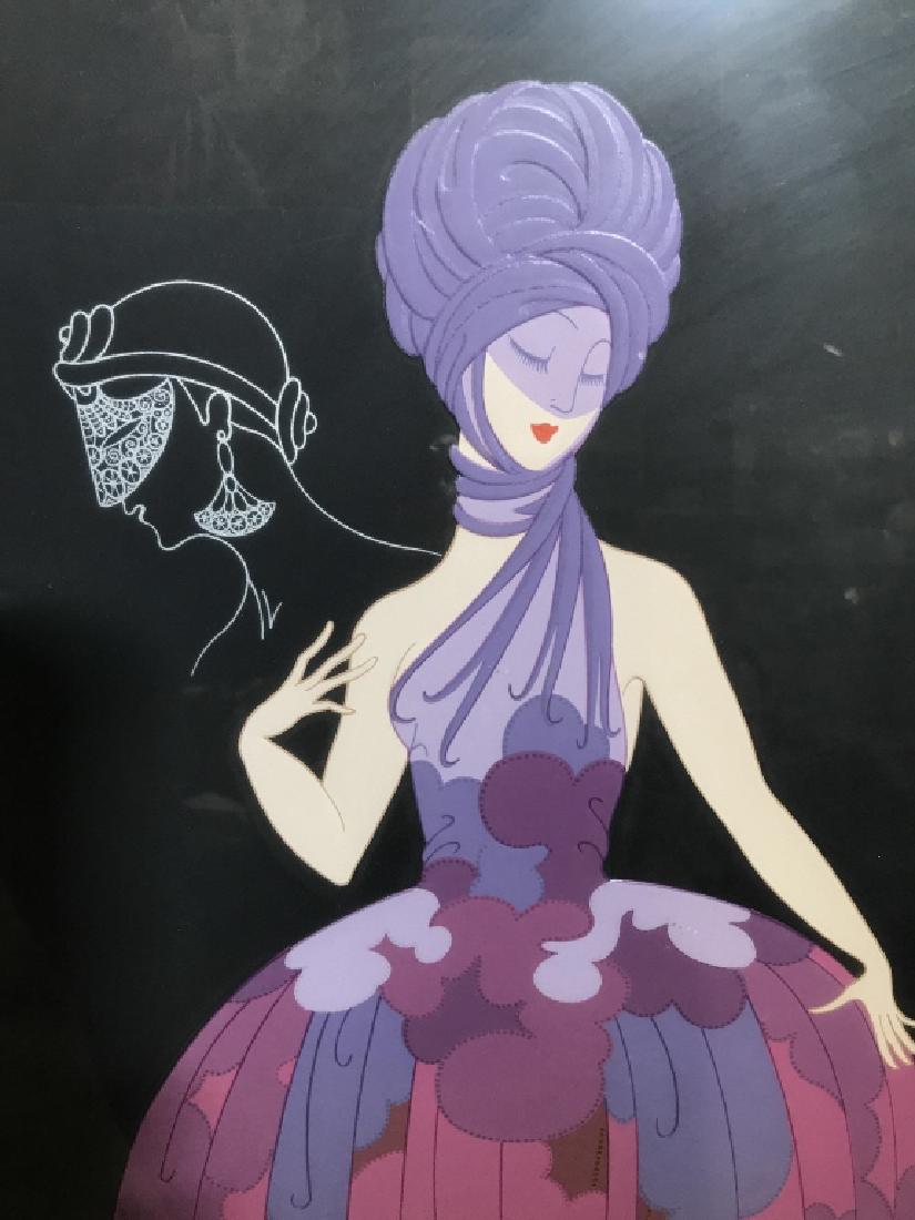 Signed Ltd Ed ERTE Framed Serigraph, Morning Day: Morning day evening night, Appears to be signed And Numbered 67/300. Two women in blue and red. Art Deco fashion, with outlines of other female characters, intricate details and texturing, on black to