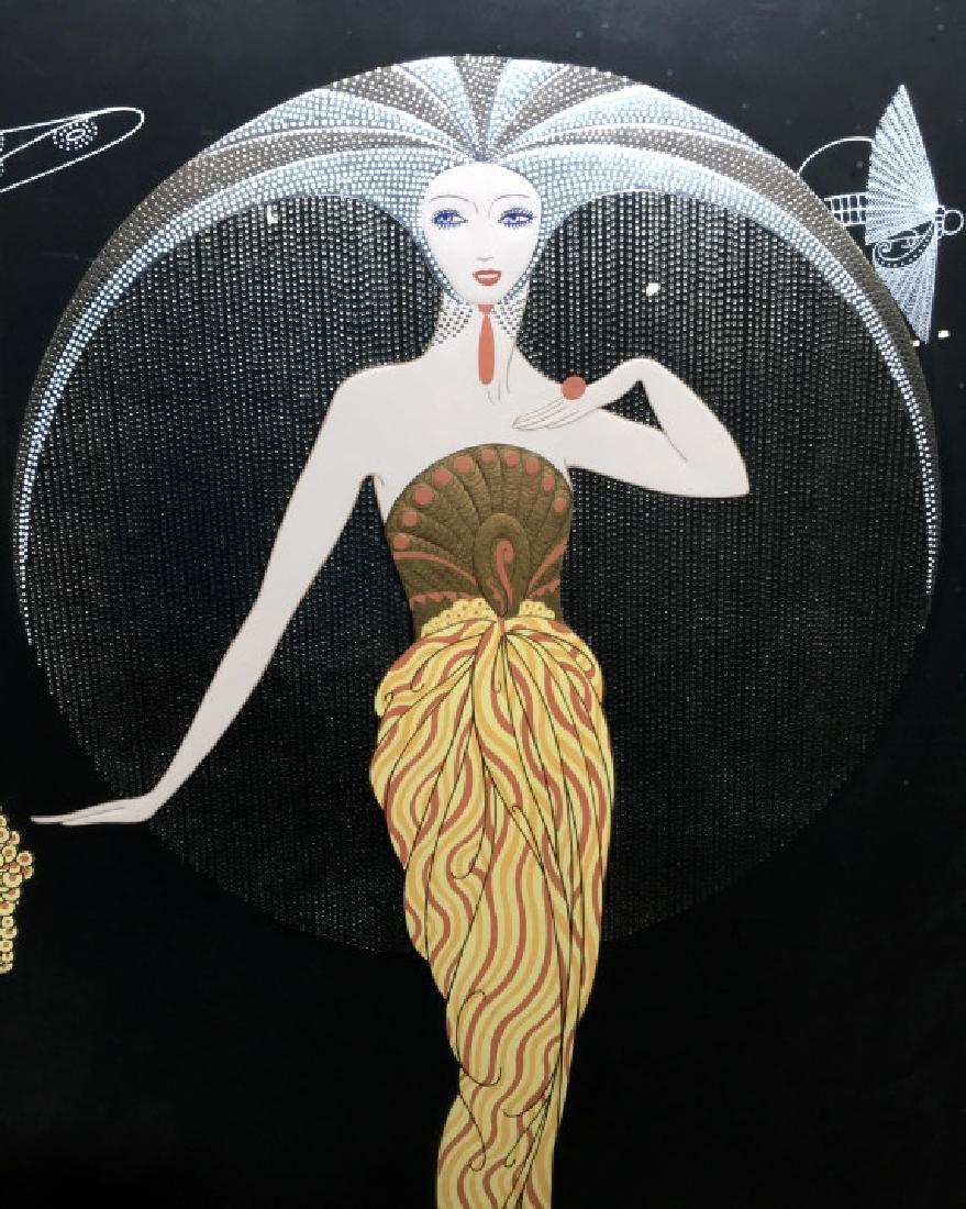 ERTE Signed Ltd Ed Serigraph, Morning Day: Appears to be signed And Numbered 67/300. Two women in gold toned Art Deco fashion, with outlines of other female characters, intricate details and texturing, on black toned paper, not inspected outsi
