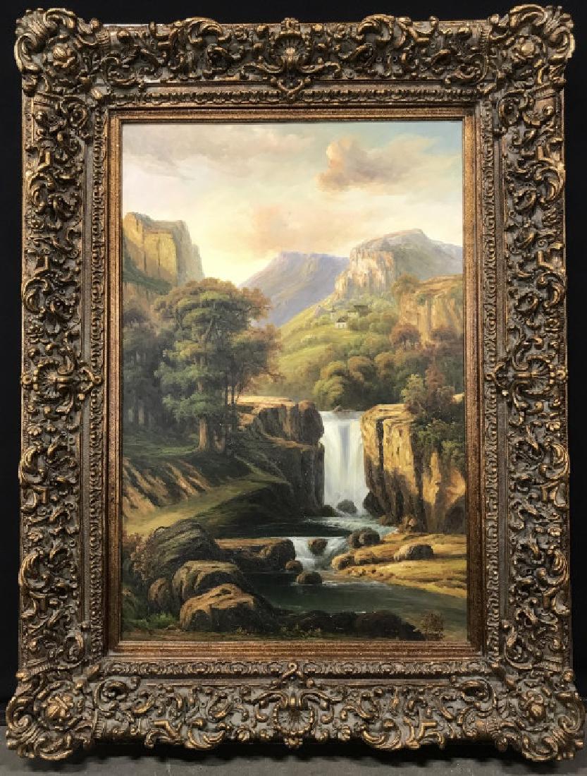 Signed Oil on Canvas in Ornately Carved Wood Frame: Signed Oil painting in canvas depicting canyon landscape. Signed illegibly in lower right corner, possibly reads E. Samuel. Canvas is set in ornately carved gesso over wood frame with bronze tone fini