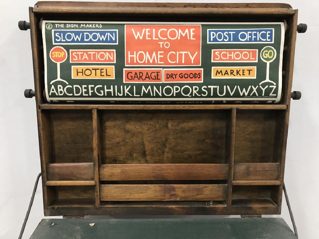 Vintage C1929 Childrens Flip Top Desk: Antique Child's Flip Top Desk With Master Scroll B. Builders and Makers interior scroll instrument of creative activities, measures approximately 36 inches tall when top is open x 21 inches wide x 20 