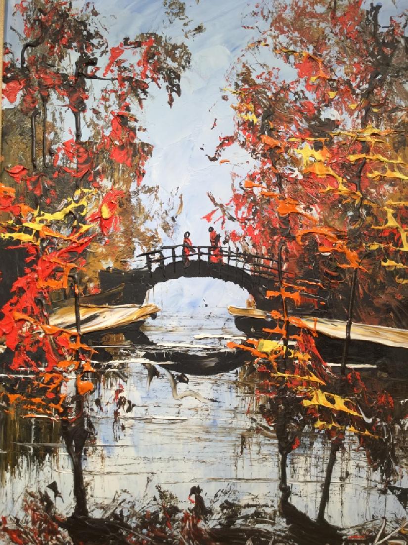 Signed MORRIS KATZ Impasto Oil On Board: Signed MORRIS KATZ impasto style oil painting on board. Signed and dated, possibly reads 1972, in lower right corner. Artwork depicts a bridge in autumn landscape. Board is lined and set in gold tone 