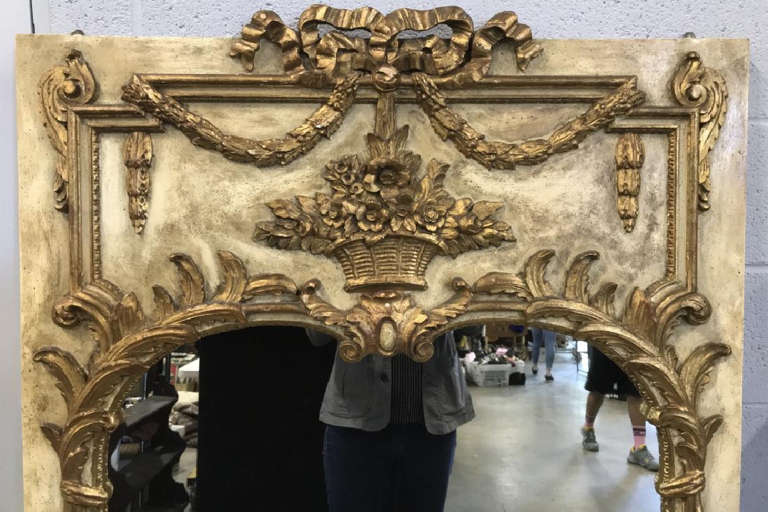 Pos Antique Italian Carved Wooden Wall Mirror: Pos Antique Italian Wall Mirror Panel With Carved floral, garland and leaf gilt wood design, marked on reverse made in Italy, some chips to areas of Mirror, measures approx 65 inches tall x 36.5 inche