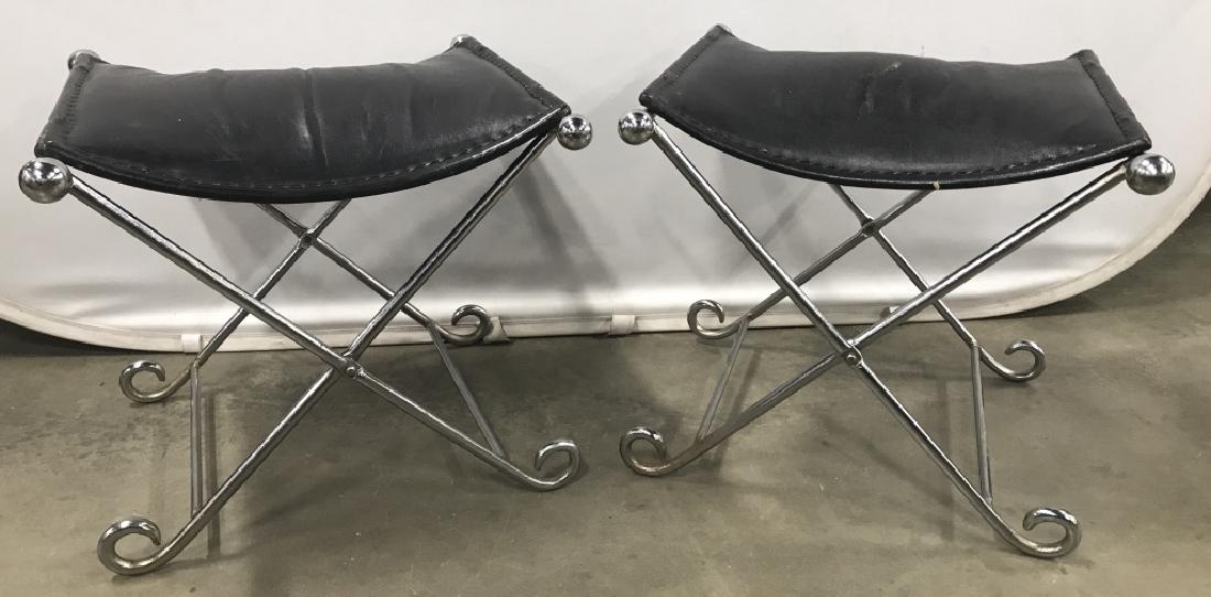 Pair Of Vintage Forged Metal And Leather X Benches: Pair Of Vintage Forged Chromed Toned Metal And Black Leather Topped X Benches, measures approximately 18.5 Inches tall x 19.5 inches wide x 19 inches deep, some wear to areas of leather and minor pitt