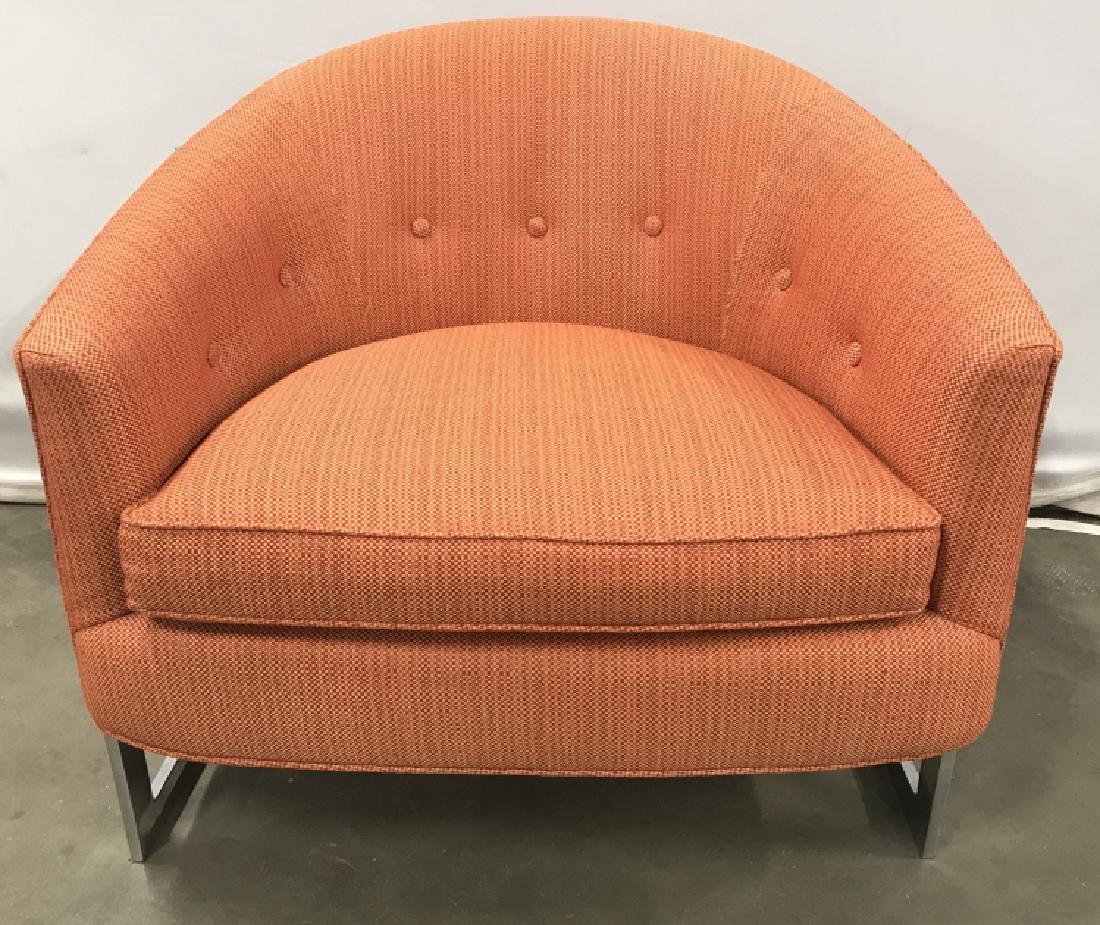 Selig Style Barrel Back Club Chair On Chrome Base: Vintage C 1960’s Button tufted barrel back club chair with chrome base possibly by Selig, appears to have been reupholstered in and orange and red toned fabric at a later date, tag on interior reads