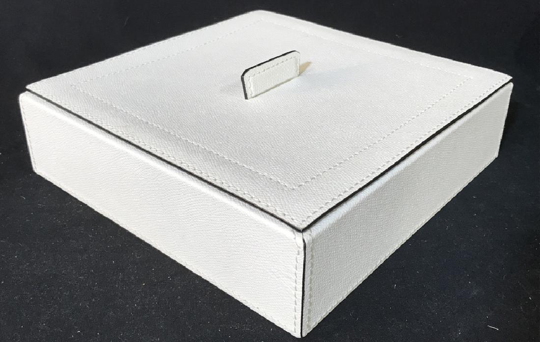 HOME INTERIORS White Leather Keepsake Box, Italy: Dresser box, keepsake box, tabletop accessory. measures ht app 3.5 inches to tab, approx 9.5 inches squared in width and depth. Some minor blemishes on top, might need cleaning. Imprinted Home Interio