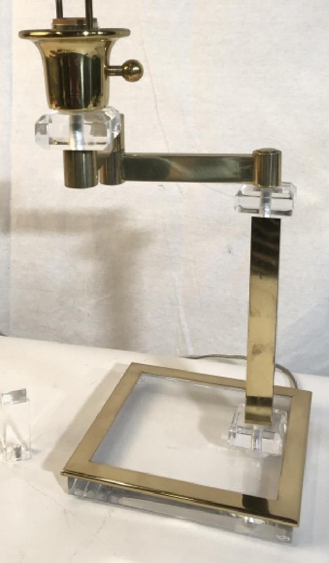 Pair Vintage Lucite Brass Glass Swing Arm Lamps: Pair Vintage Lucite Brass And Glass Swing Arm Table Lamps, some tarnishing to metal, lucite finials included, not tested, measures approx 25 inches tall x 8 inch square at base. Vintage Bedside Lighti