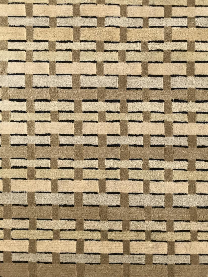 Room Size Stark Wool Carpet With Geometric Shapes: Room Size Stark Contemporary Wool Carpet With beige, brown, black, and cream toned geometric design, measures approximately 208 inches x 190 inches, stain to carpet, small furniture mark, needs cleani