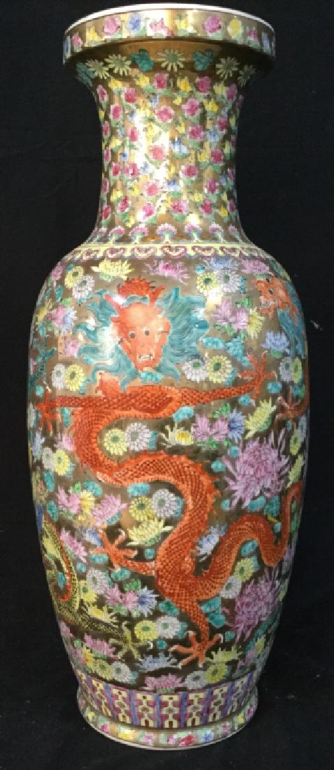 Signed Chinese Porcelain Floor Vase: Signed w Asian Characters, Chinese porcelain, pottery, ceramics, asian arts and crafts, umbrella stand, vessel, asian collectible pottery, chinoiserie, multiple painted dragons, floral design, gold to