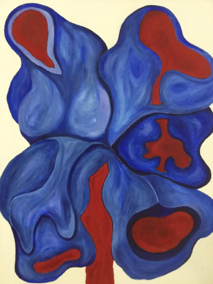 Oversized Oil On Canvas, Attrib. To Frank HERZ: Oversized abstract oil painting on canvas attributed to Frank M. HERZ. Artwork is vibrant blue and red against white background. Measures approx 60 inches in height by 48 inches in width. Original uni