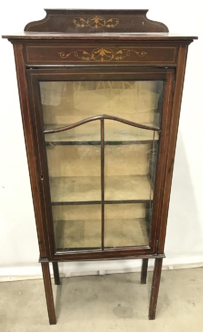 Antique Wooden Curio Cabinet W Hand Painted Design: Antique Wooden Curio Cabinet W Hand Painted Design, glass sides door, and material lined interior, top panel needs reattaching, some scratches, nicks and thought piece, discoloration to top, needs cle
