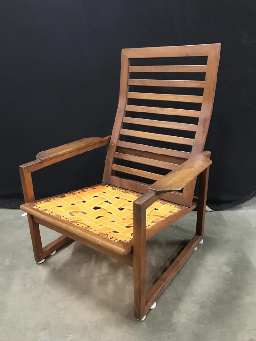 Danish Selig Mid Century Modern Wooden Armchair: Danish Selig Mid Century Modern Wooden Armchair with slatted back, marked with Made In Denmark imported by a Selig badge on underside, some minor surface scratches and marks, cushion missing, measures