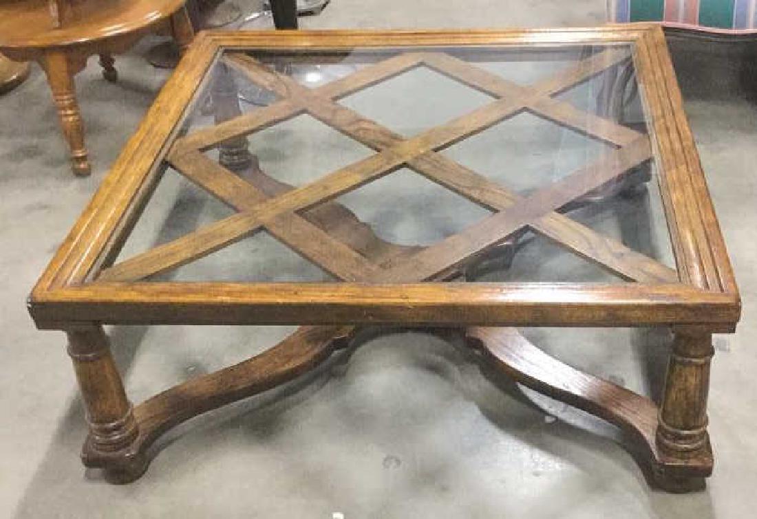 Wood Glass Coffee Table Low table: Drinks table, cocktail table, measures app ht 16 inches top 41.5 inches square, home furnishings, home accessory, coffee table, drinks table