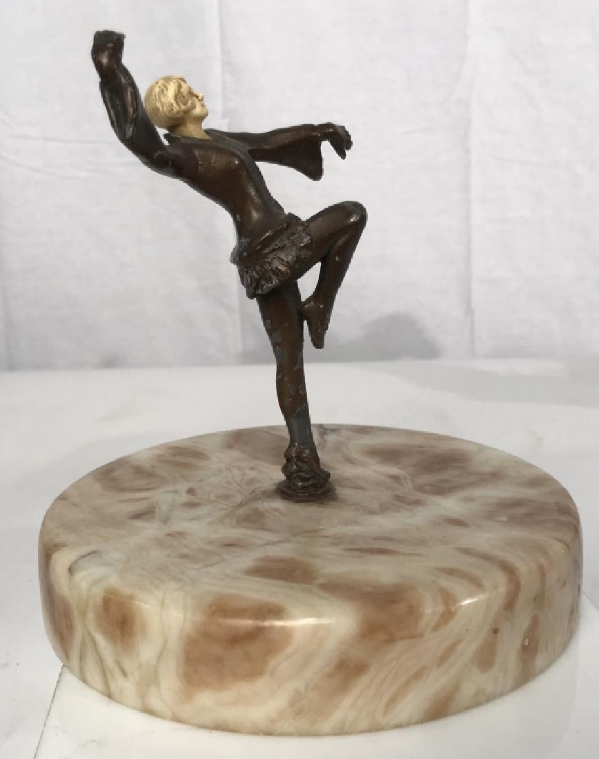 Art Deco French Dancer Sculpture: Art Deco French Dancer Sculpture, bronze finish, on alabaster base, 6 in diameter x 6 1/2 in tall, not marked, old repair to base, Scraps and scratches to dancers legs, Decorative Desk Ware, Decorativ