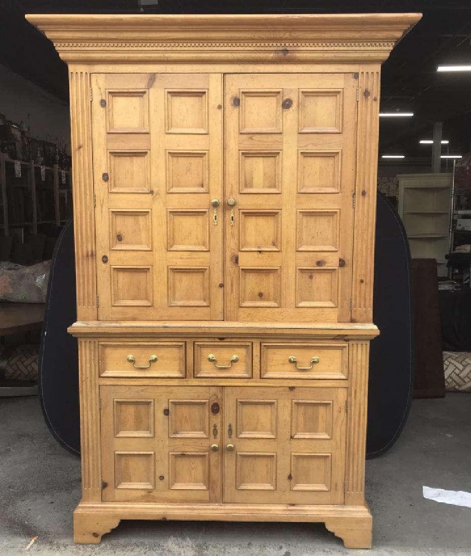 Vintage Pine Baker Knapp & Tubbs Pine Armoire: Vintage Pine Baker Knapp & Tubbs Armoire With Carved Design, Upper and lower storage cabinets flanking three center drawers, brass toned metal drawer pulls and hardware, needs polishing, minor surface