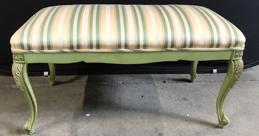 Vintage French Louis XV Style Bench: Vintage French Louis XV Style Bench, carved painted cabriole legs, and upholstered cushioned top with double welting, minor chips to legs, measures approx 36 inches long x 18.5 inches deep x 19 inches