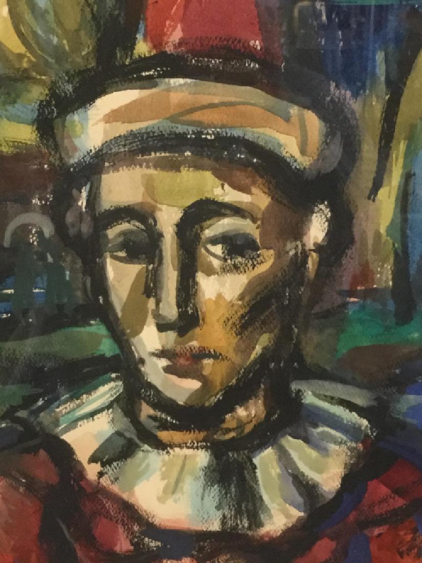 Signed GEORGES ROUAULT Watercolor on Paper, Harlequin: Signed G ROUAULT in ink in lower right corner for GEORGES ROUAULT. Watercolor and ink on paper depicting harlequin clown jester figure portrait. Artwork is matted and set behind glass in gold tone woo