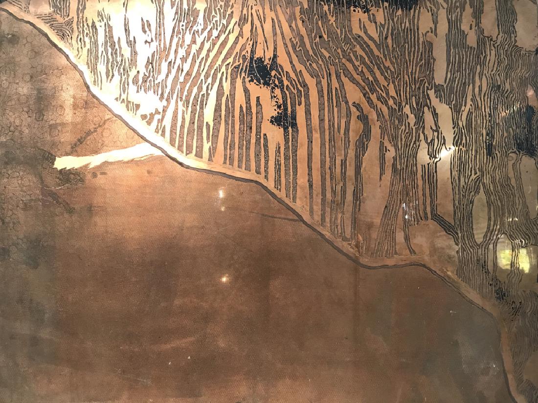 Copper Toned Relief Artwork / Printing Plate: Piece is copper toned and metal. Possibly copper. Contains various shapes in relief. appears to have originally used as a printing block for etchings, can be used as decorative piece. Measures approx