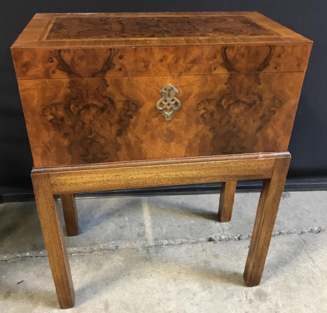 Vintage Burled Wooden Box On Stand: Vintage Possibly Antique Burled Wooden Box On Stand with marquetry top, brass toned metal handles and hardware, measures approx 18.5 inches long x 10.25 inches deep x 22.75 inches tall, very good cond