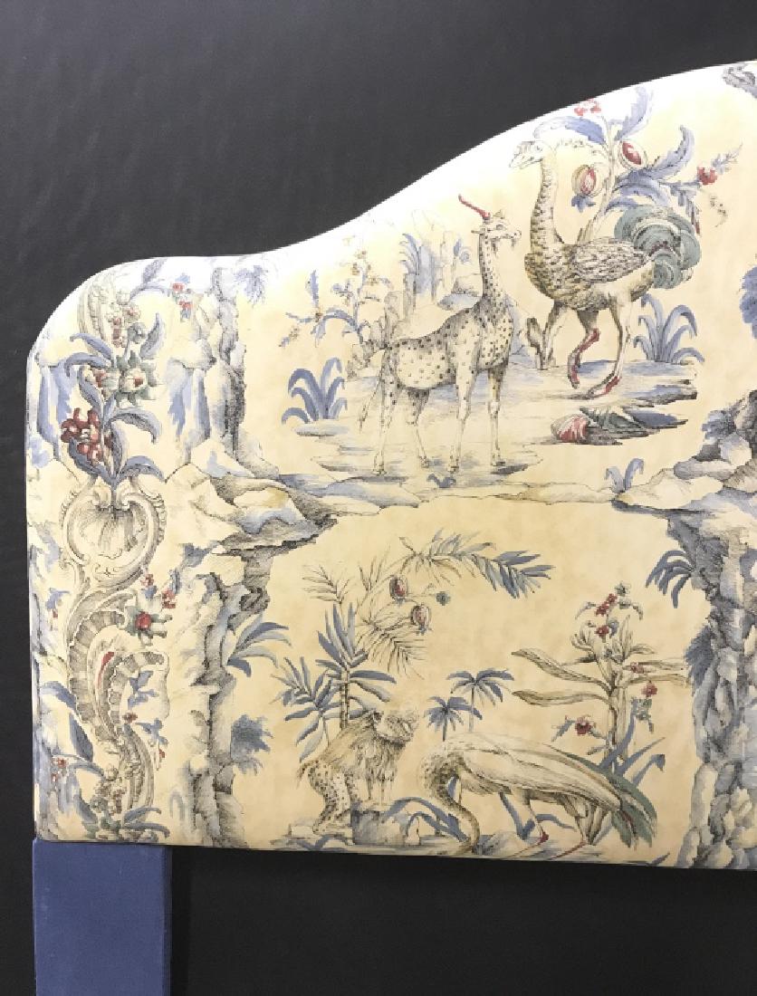 Custom Upholstered Headboard In Luxury Fabric: Custom Upholstered Headboard In Luxury Fabric with exotic animal and foliage design in cream, blue, and red tones, excellent condition, measures approx 62 inches wide x 49 inches tall x 3.5 inches thi