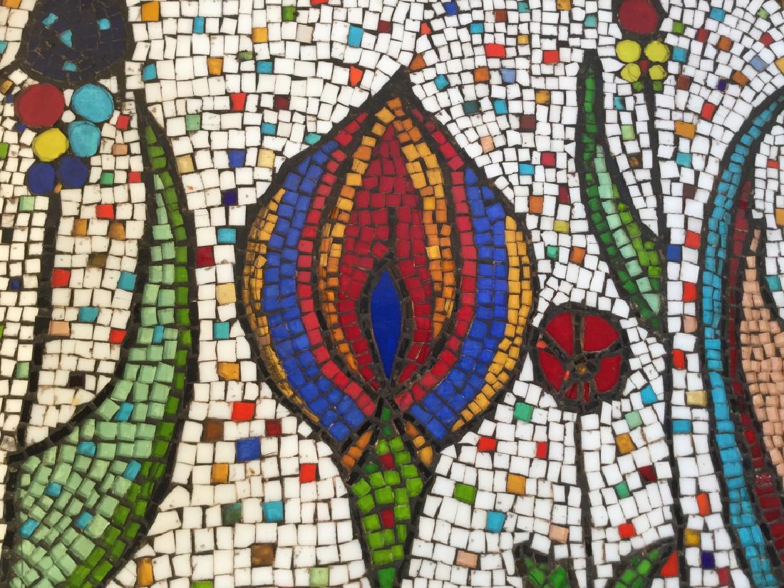 Framed Tile Mosaic Artwork Of Flowers: Mosaic artwork is set in gold tone wood frame. Some minor surface wear of frame. Measures approx 19.2 inches in height by 25.25 inches in width with frame. Decorative art, decorative wall art, arts an
