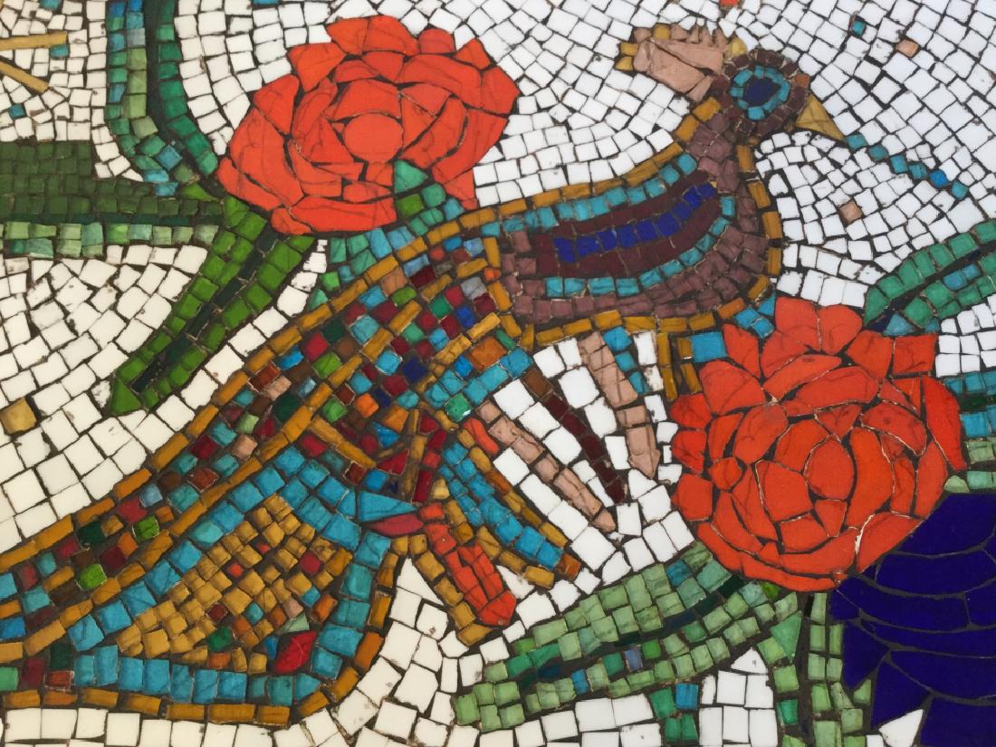 Framed Tile Mosaic Artwork Of Bird W Flowers: Mosaic artwork is set in gold tone wood frame. Some minor surface wear of frame. Measures approx 16.25 inches in height by 26.2 inches in width with frame. Decorative art, decorative wall art, arts an