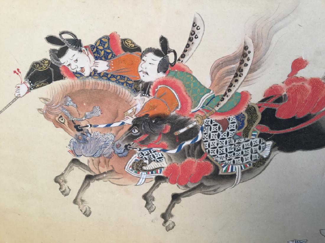 Antique Japanese Hand-painted 2 Panel Screen: Antique mid 19th Century, Meiji Era Japanese Double Panel Screen with Hand-painted pictures in color on rice paper background with gold powder depicting Kamo Horse race and Noh Dance. Produced by EIKA